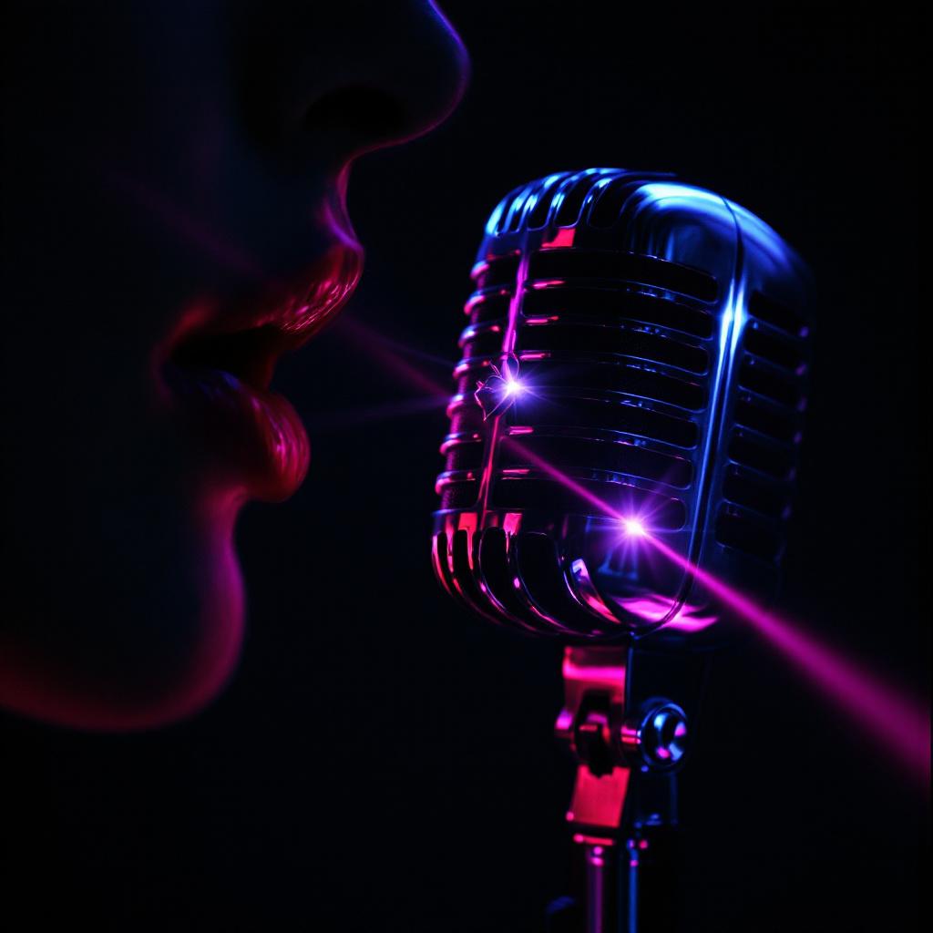 Microphone in magenta light representing voice cloning, the mechanism that makes HERR personal.